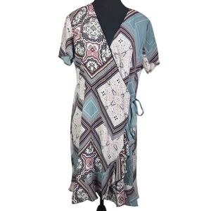 Le Chateau Wrap Dress Geometric And Paisley Patrern And Feminine Ruffle Size L